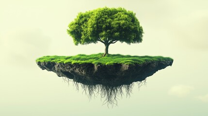 Lush tree on floating grass-covered island.