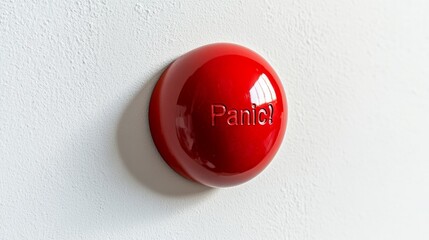 Red panic button on a reflective surface with blurred background.