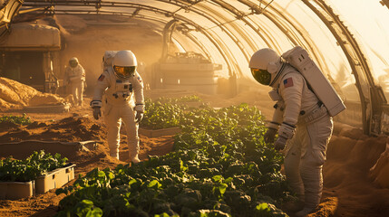 Two astronauts work together in a greenhouse on Mars, tending to green plants as the sun sets, casting a warm glow over the red landscape and their suits.