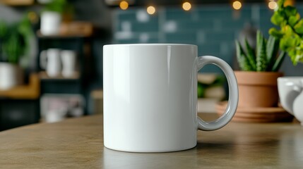 Simple white ceramic mug on a countertop surrounded by a cozy atmosphere.