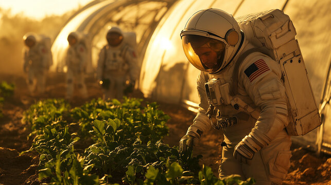 Astronauts work on a space farm, tending to green vegetables inside structures designed for extraterrestrial agriculture. The golden light adds a warm glow to the environment.