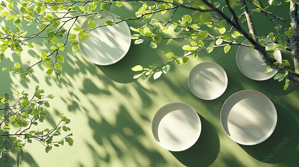 Poster Overhead view of empty round plates under tree branches.