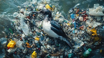 Poignant scene of seabird struggling amidst sea of plastic waste polluted shoreline showcasing alarming effects of microplastics marine life emphasizing critical need for environmental conservation
