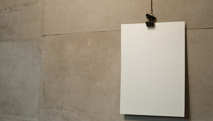A4 paper mockup hanging on a concrete wall with ambient light