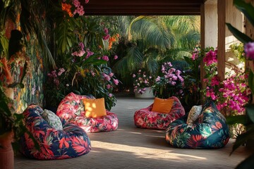 A patio with tropical floral prints, colorful bean bags, and blooming plants around
