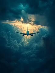 Naklejka premium A plane soaring through dramatic clouds.