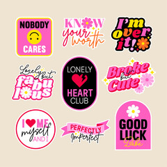 Set of positive thinking concept stickers design for feminism. Encourage quotes lettering with cute elements.