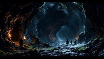 Fototapeta premium A group of adventurers journey through a dark, mysterious cave, their path illuminated by the faint glow of torches, the air thick with anticipation and mystery. The rough, textured walls of the cave