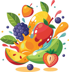 Fruits and Berries in a Splash of Juice  Mango Vector