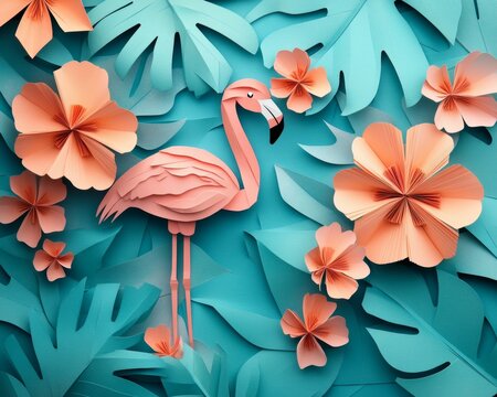 A vibrant scene with a pink flamingo and flowers.
