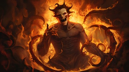 Devilish Laughter Amid Swirling Flames A Captivating Supernatural Spectacle Depicting a Sinister Demonic Figure Engulfed in an Intense Apocalyptic Inferno