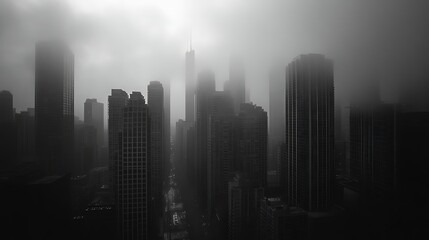 Fototapeta premium Foggy Cityscape Skyline Black and White Photography