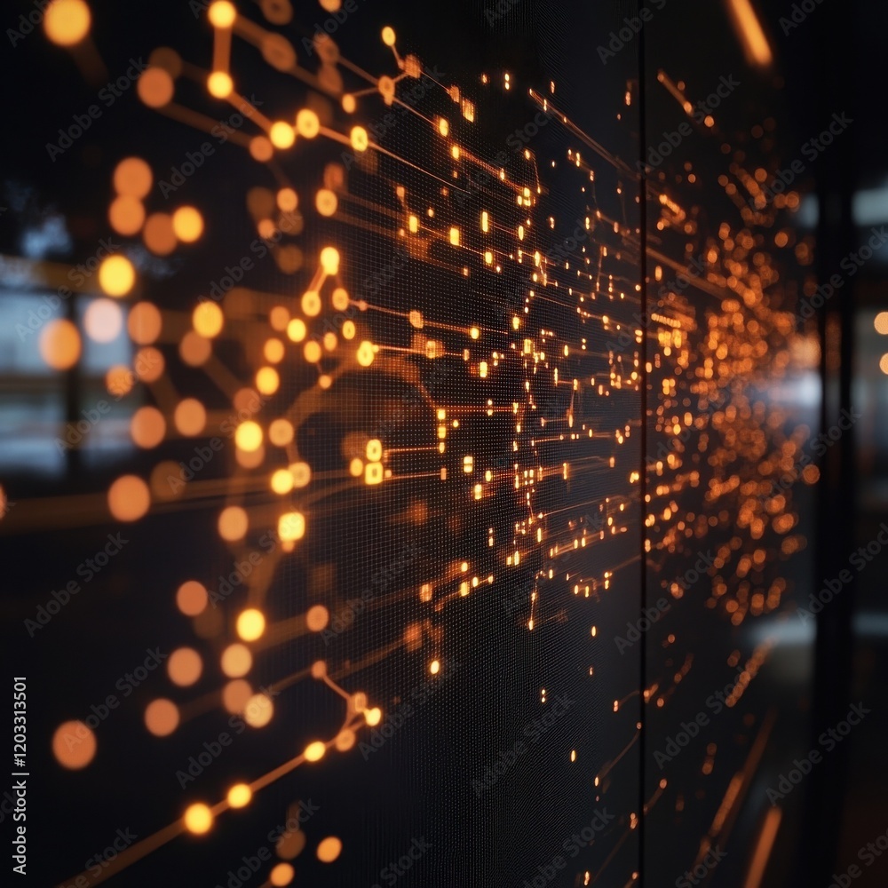 Poster exploring neural network diagrams in a dimly lit lab digital screen closeup overhead perspective on 