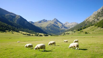 Obraz premium Sheep Grazing in Mountain Pasture
