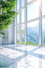 Fototapeta premium Modern building interior, sunlit, mountain view, tree, marble floor, real estate.