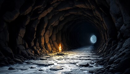 A solitary candle illuminates a dark and mysterious cave tunnel, its flickering light casting shadows on the rough stone walls, hinting at an unknown path ahead, a journey into the depths of the earth