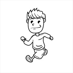 illustration of a little boy running, black and white style, happy, vector format, good for children's coloring teaching materials, clothing, etc.
