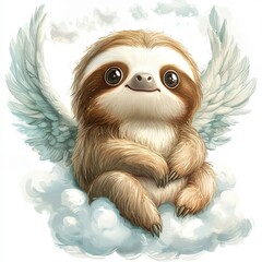 Obraz premium Cute sloth with angel wings sitting on a cloud in a whimsical fantasy setting