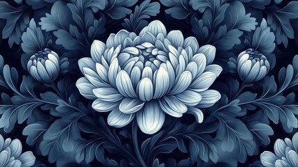 Obraz premium Elegant floral pattern featuring large blue chrysanthemums surrounded by intricate foliage design
