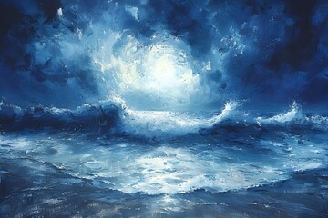 Powerful Ocean Storm under Dramatic Moonlit Sky