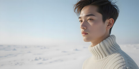 Pensive young man reflecting while standing in a snowy landscape against a clear blue sky