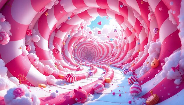 A whimsical journey through a swirling pink candy tunnel, filled with sugary delights and playful characters, evokes a sense of childhood wonder and sweet dreams.