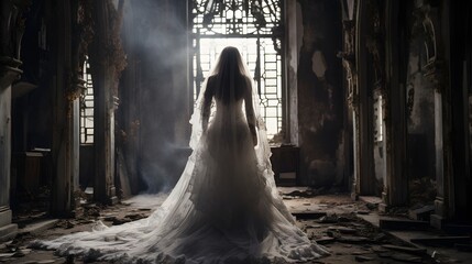 A ghostly figure of a bride stands alone in the eerie decaying ruins of an ancient Gothic chapel surrounded by an otherworldly atmosphere of mystery and melancholy