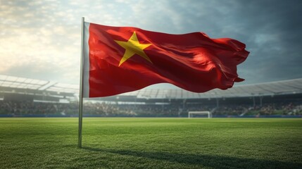 A beautifully waving Vietnam flag set against a football field, highlighting the connection between national pride and soccer enthusiasm
