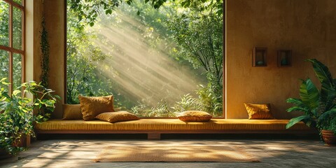 Tranquil meditation space surrounded by nature inviting light interior design calm environment eye level view