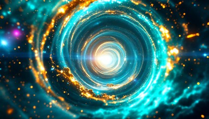Abstract Cosmic Spiral Galaxy: Teal and Gold Energy Vortex, Futuristic Digital Art