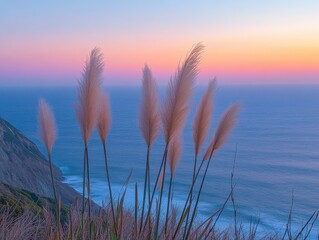 Obraz premium Dusk serenity ocean cliff wide-angle view gentle waves tranquil environment calming concept