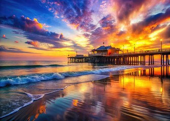 Double exposure: Santa Monica Pier silhouetted against a fiery sunset, Pacific Ocean waves crashing below.