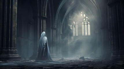Chilling ghostly presence drifting through the ruins of an ancient decaying cathedral casting an eerie otherworldly glow upon the dilapidated Gothic architecture