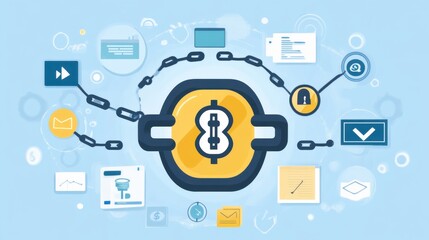 Digital illustration of secure financial transactions with icons representing blockchain technology
