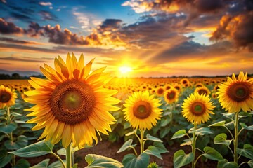 Obraz premium Stunning Sunsets Over Sunflower Fields - Golden Hour Photography