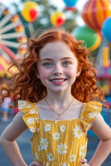 Young pretty redhead girl in a theme park 