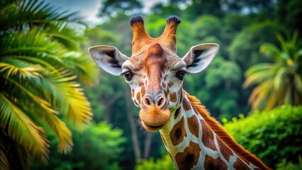 Obraz premium Exotic beauty: a giraffe's portrait against the Malaysian jungle backdrop, showcasing its African elegance.