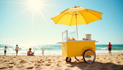 Bright yellow beach cart offering refreshing treats under the sunny sky with families enjoying the sandy shores