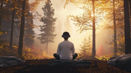 A person enjoying a virtual reality therapy session for stress relief in a peaceful natural setting, symbolizing mental health care and therapeutic innovations, VR therapy scene