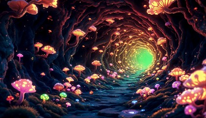 Obraz premium Enchanted Bioluminescent Mushroom Forest Tunnel: A Journey into a Dreamlike Pixel Art World