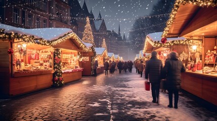 Festive Christmas market scene with twinkling lights snow covered vendor stalls and a cozy winter atmosphere  People browsing and shopping at the bustling holiday event