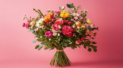 Obraz premium A cheerful bouquet of mixed flowers styled on a pastel pink backdrop with a large blank copy space, perfect for Valentine's Day or Easter greetings