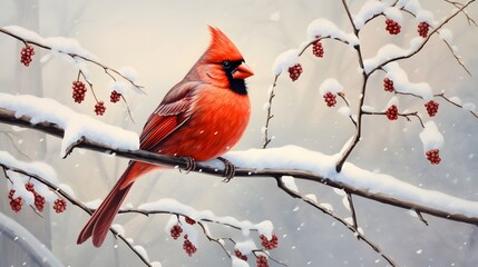 Close up of a Bright Red Cardinal Bird Perched on a Snowy Tree Branch in a Crisp Detailed Winter Nature Landscape