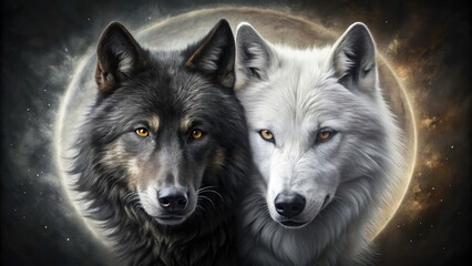 Obraz premium Generative AI creates a stunning black and white wolf yin yang, reimagining food photography.