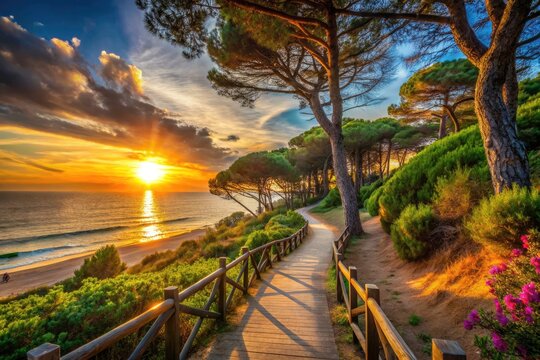 Golden hour graces Follonica's pinewood path, culminating in a stunning coastal architectural vista.
