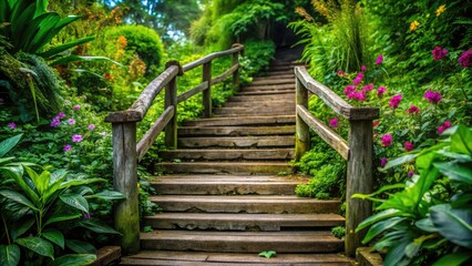 Green steps wind upwards through a blossoming botanical garden; vintage photography reveals nature's artistry and architectural detail.