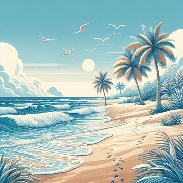 Beach Walk Light blues whites and sandy tones illustrating a bea