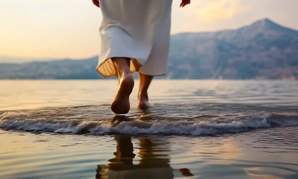 A serene scene of a jesus christ walking barefoot on water, with mountains in the background and a golden sunset illuminating the landscape.