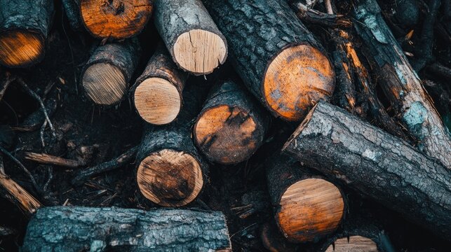 A close-up view of freshly cut logs scattered on a deforested forest floor, illustrating the destructive impact of illegal logging