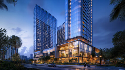 Obraz premium Night cityscape close-up of illuminated modern glass skyscrapers